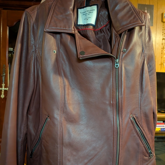 Tommy Hilfiger Brown/Red Leather Jacket - Picture 1 of 6